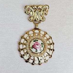 Vintage Guilloche Enamel Rose Flower Gold Tone Dangle Brooch Pin